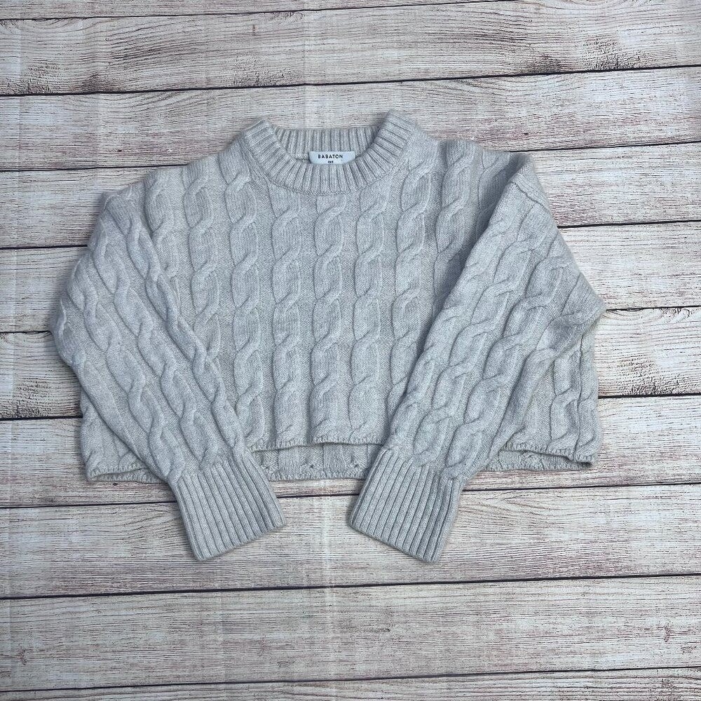 Babaton Cable Knit Sweater 2XS Oatmeal Cropped Crew Neck Long Sleeve Relaxed